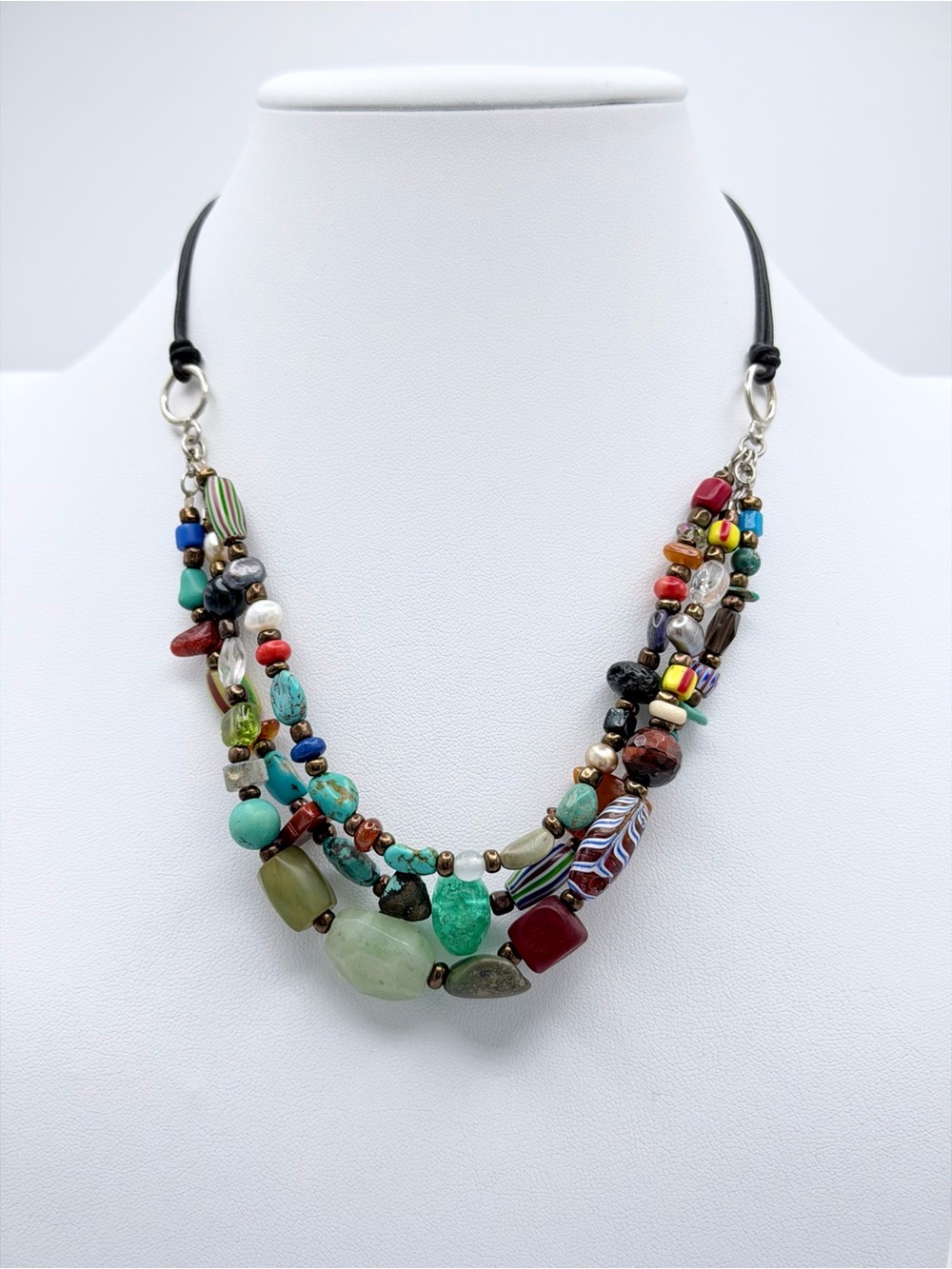 Vintage Peyote Bird Sterling 3-Strand Leather Multi-Stone Blown Glass Necklace - Picture 2 of 16